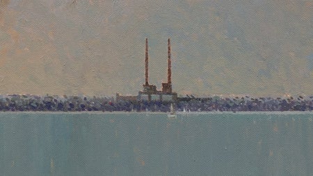 Painting of the red and white poolbeg towers