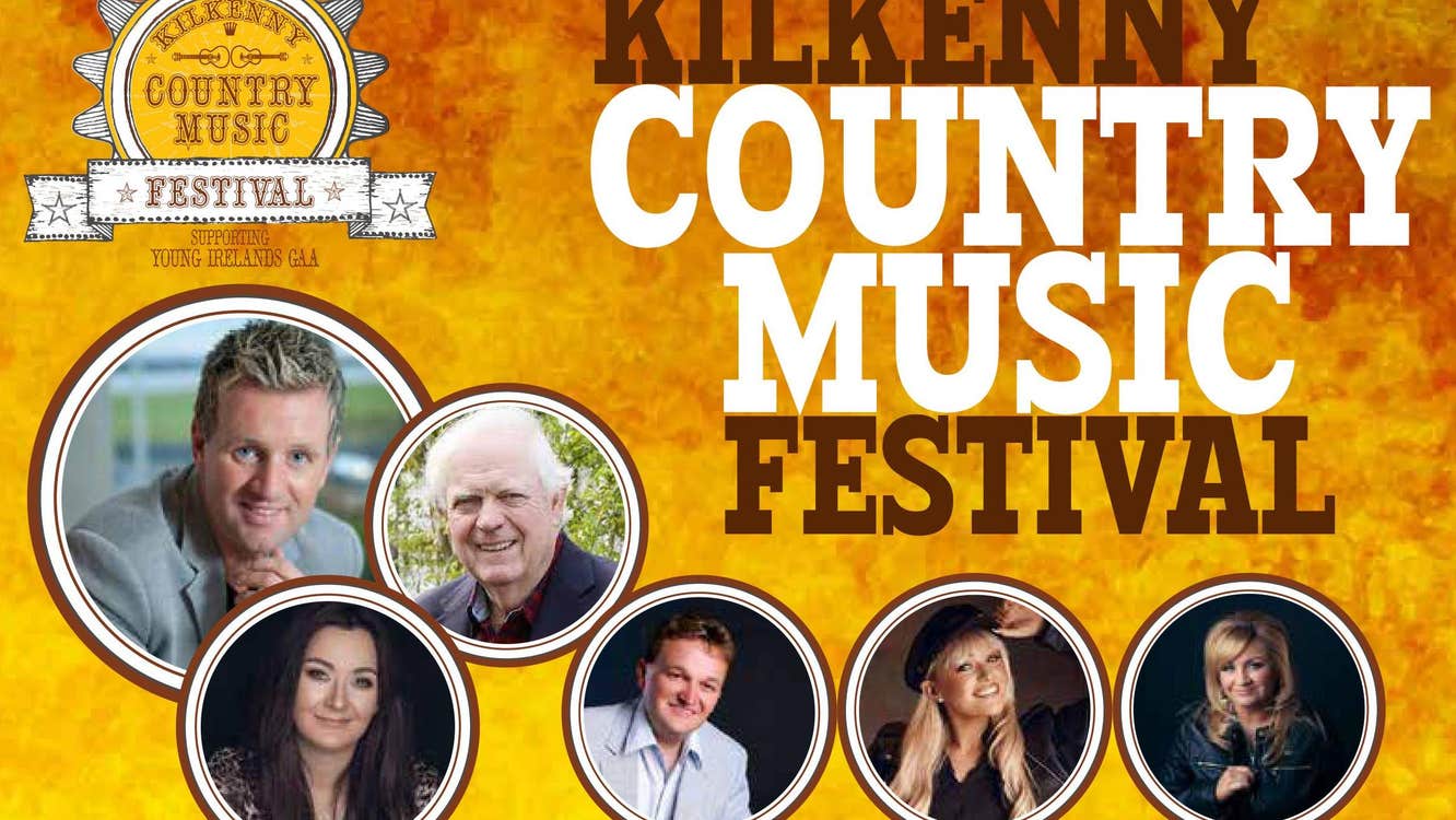 Poster for Kilkenny Country Music Festival 2023, small circular images of individual artists, large text in white and black, against patterned orange to red.