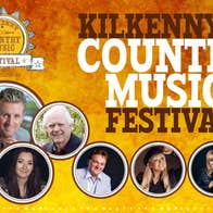 Poster for Kilkenny Country Music Festival 2023, small circular images of individual artists, large text in white and black, against patterned orange to red.