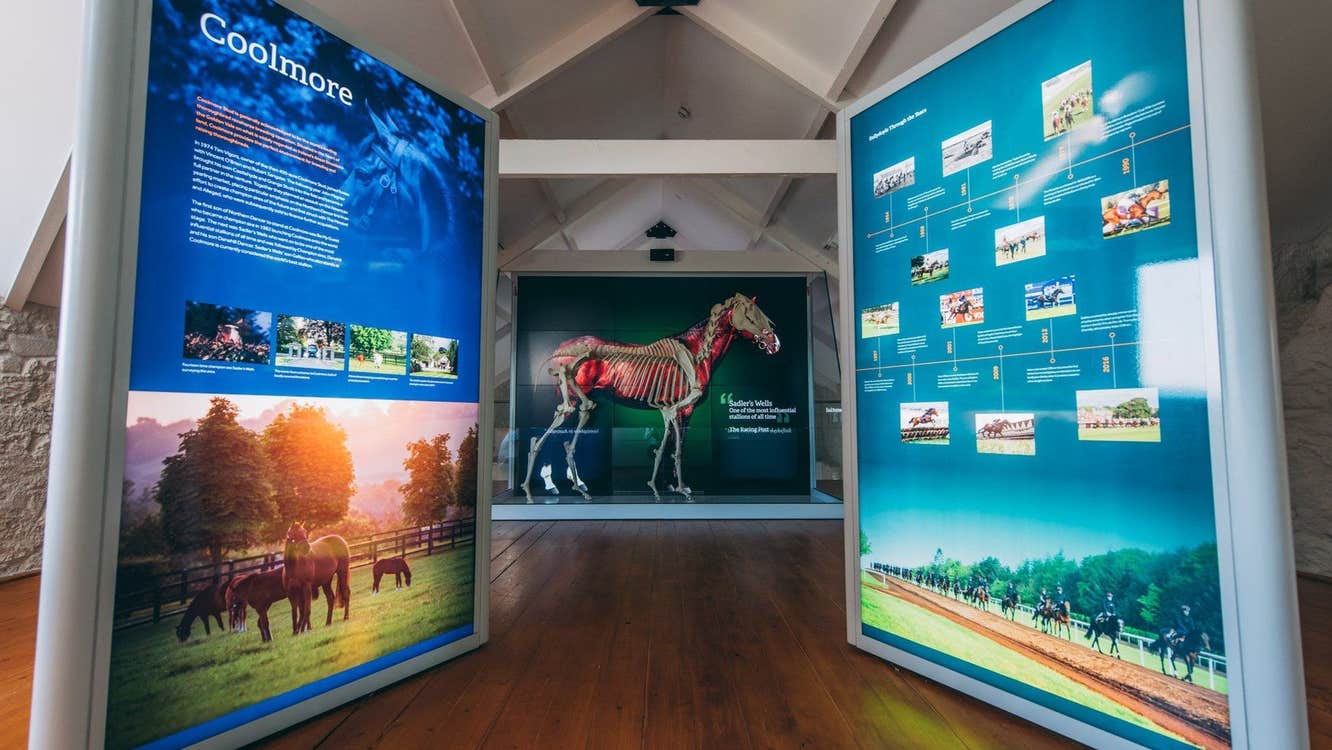 Large free standing light up display featuring text and images of horses