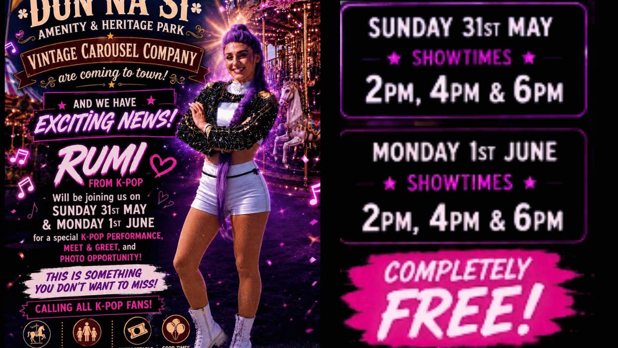 Rumi from K-Pop joins the Vintage Carousel Company at Dún na Sí Heritage Park for free live performances, meet & greets, and photo opportunities on 31 May and 1 June.