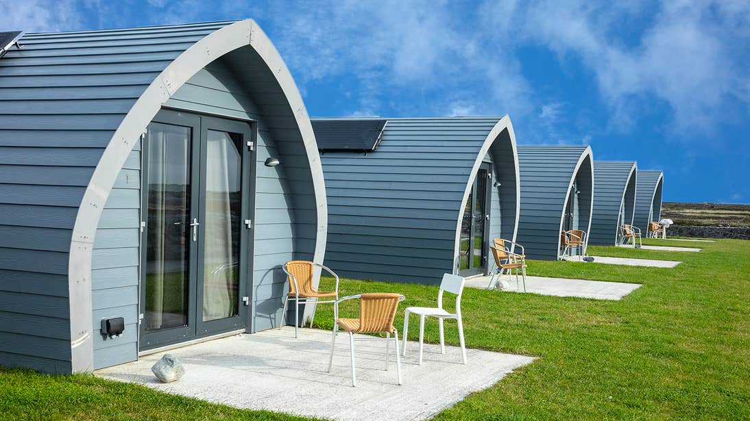 A row of glamping pods on Aran Islands, Galway