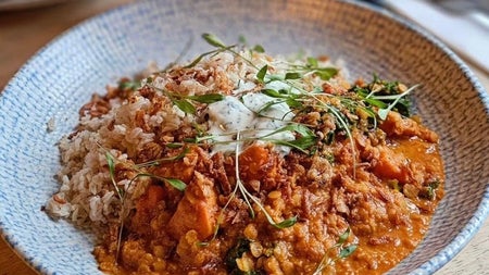 Squash and lentil curry with brown rice on a blue and white plate