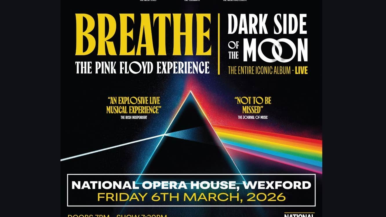 Breathe: The Pink Floyd Experience - black poster with white and yellow text and rainbow colours emitting from a triangle.