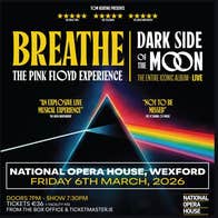 Breathe: The Pink Floyd Experience - black poster with white and yellow text and rainbow colours emitting from a triangle.