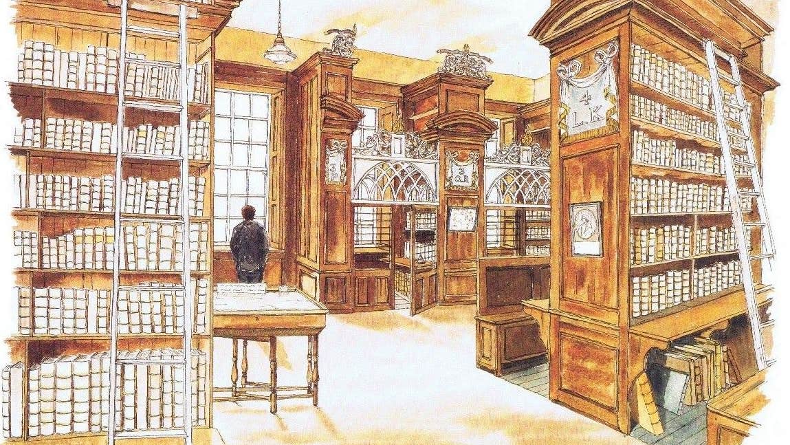 Illustration in shades of light brown and white of an old library by Pat Liddy