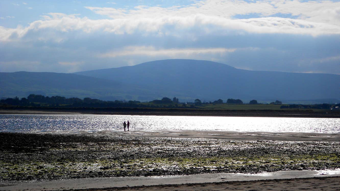 People walking on Strandhill Beach, Sligo on a sunny day.