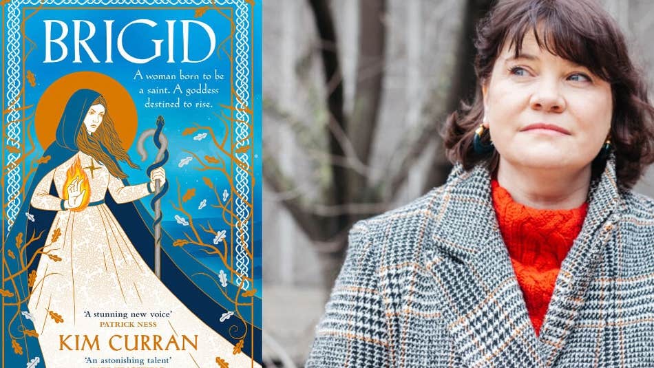 author Kim Curran in conversation with Donal Fallon, a woman in grey coat beside image of front cover of a book