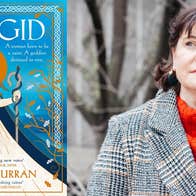 author Kim Curran in conversation with Donal Fallon, a woman in grey coat beside image of front cover of a book