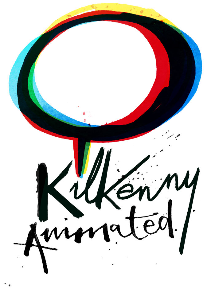 Logo of Kilkenny Animated Festival, a talk bubble in primary colours and black with black writing underneath