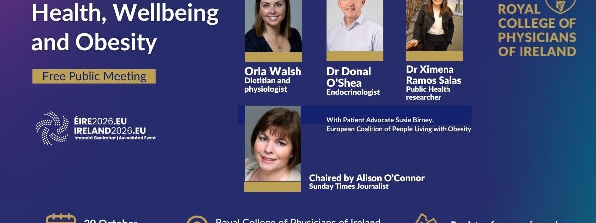 Graphic featuring four speaker headshots and details of the Royal College of Physicians of Ireland's Annual Public Meeting which takes place on 20 October at 6 pm at No. 6 Kildare Street, Dublin and will be live streamed.