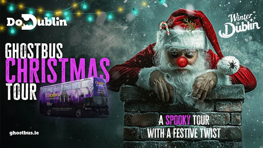 Advertising image of the Ghostbus Christmas Tour featuring a scary santa