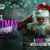 Advertising image of the Ghostbus Christmas Tour featuring a scary santa