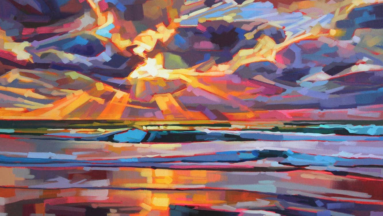 A contemporary painting of a coastal sunset with orange and blue hues