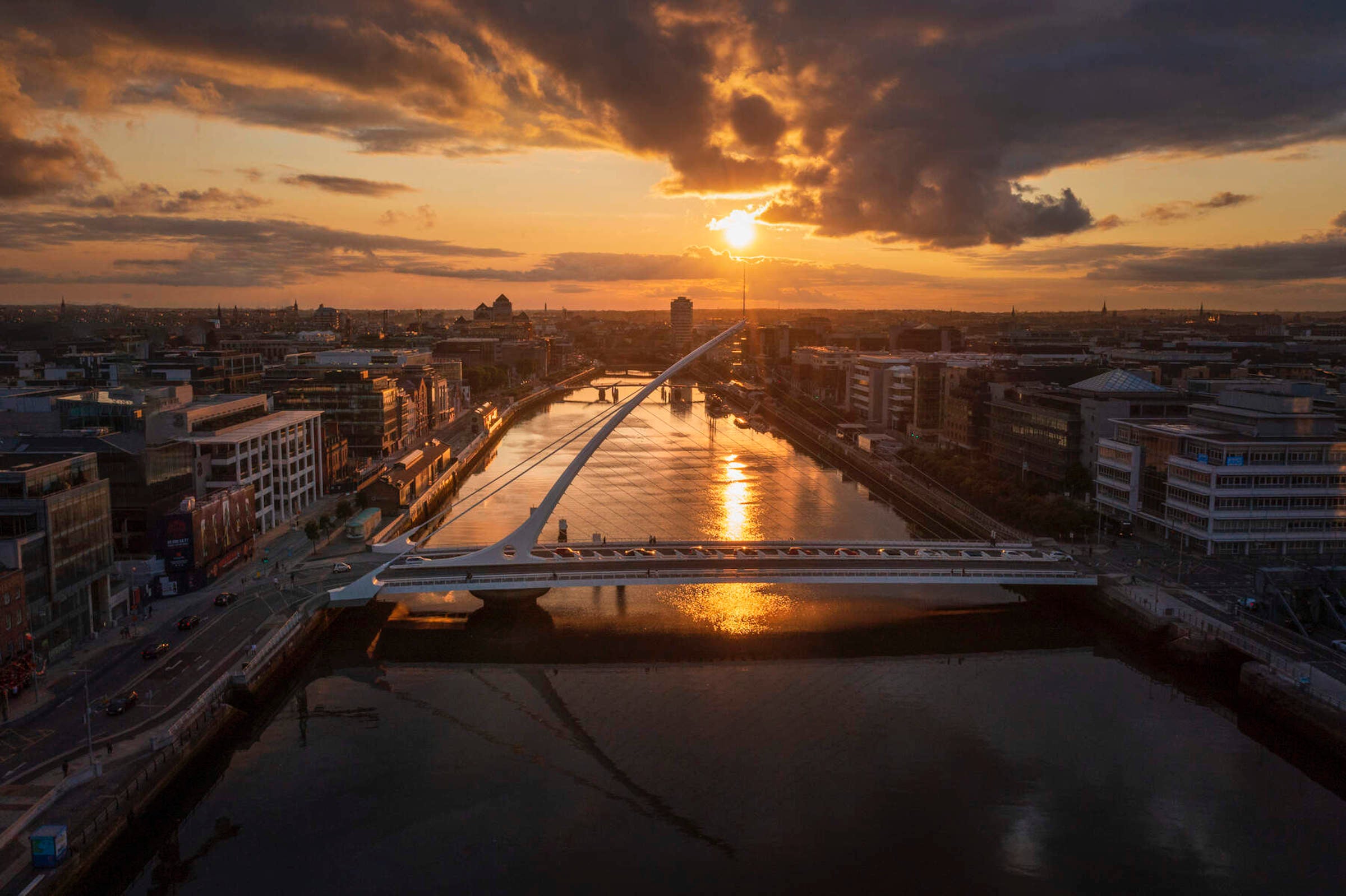 Sunset over the River Liffey in Dublin.