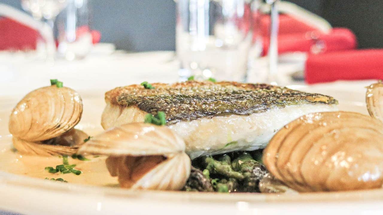 A fillet of fish on a plate with clams