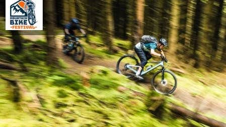 Slieve Bloom Mountain Bike Festival 2026, blurry picture of mountain bikers going downhill in a wooded area.