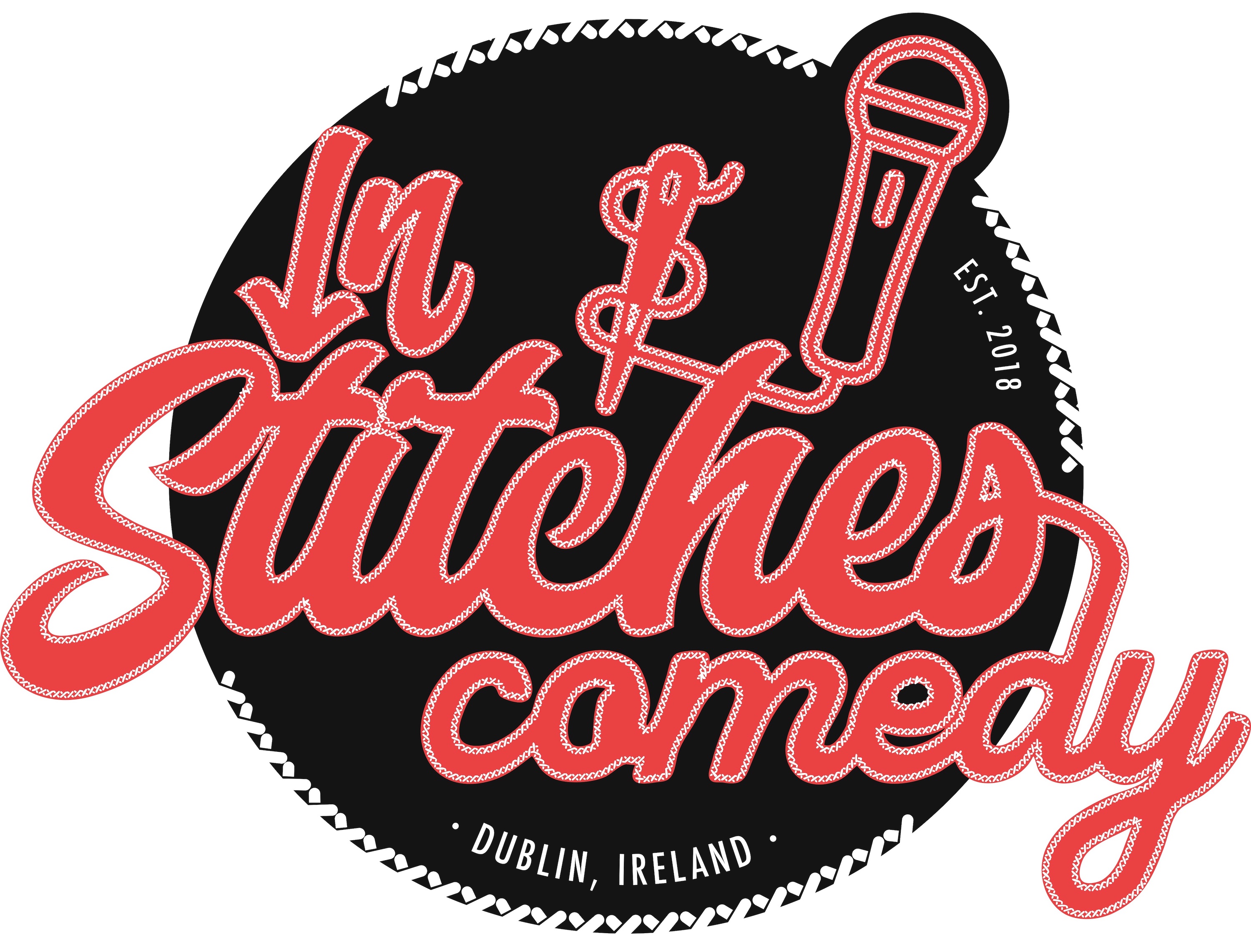 The logo of In Stitches Comedy Club Dublin. Red Black