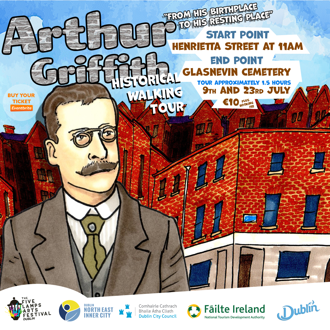 An illustration of Arthur Griffith in a Dublin Street,with buildings behind him and 3 children in the background