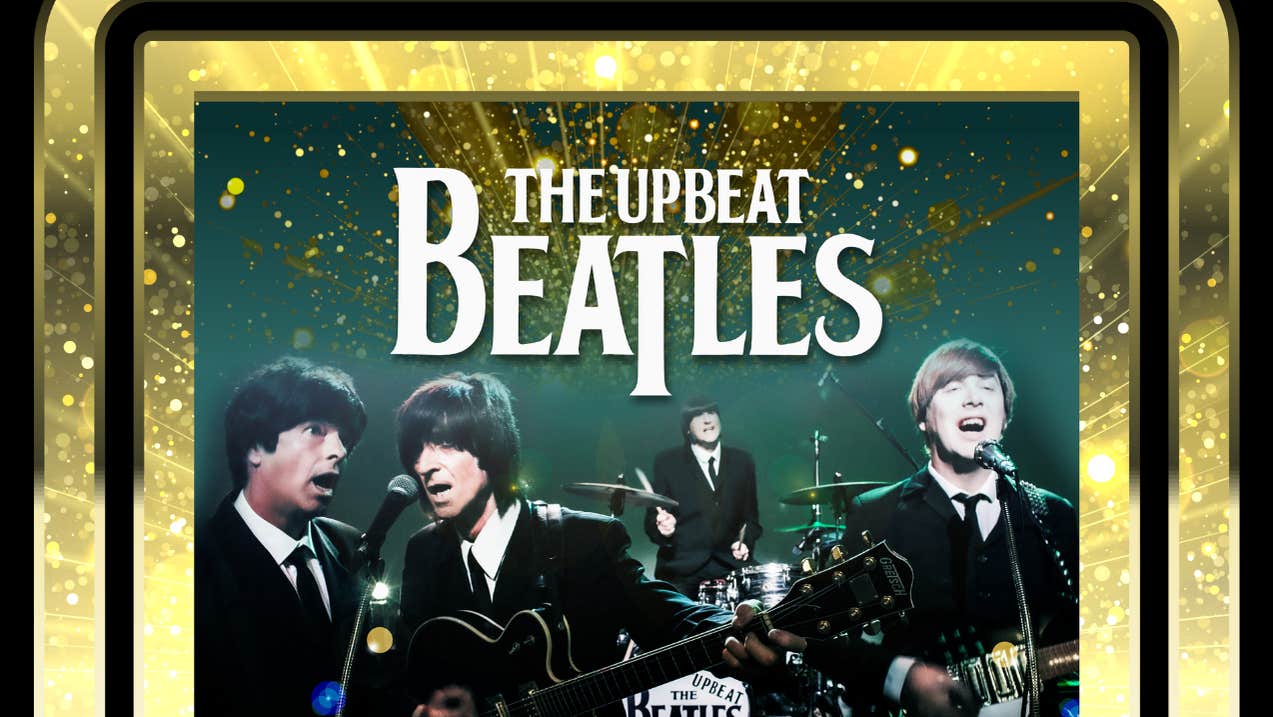 Photo of 4 men in black suits, playing musical instruments and singing with gold border on 3 sides and white event text.