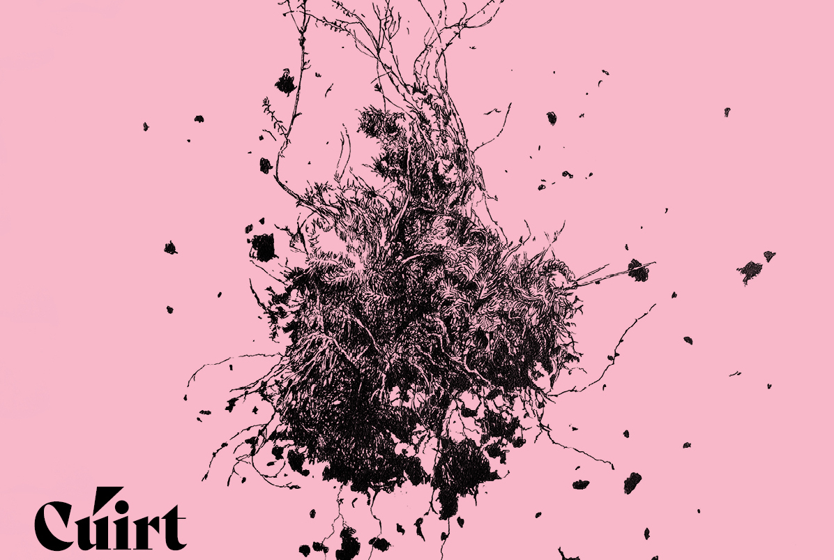 Pale pink background with black image of tangled plant including roots and soil