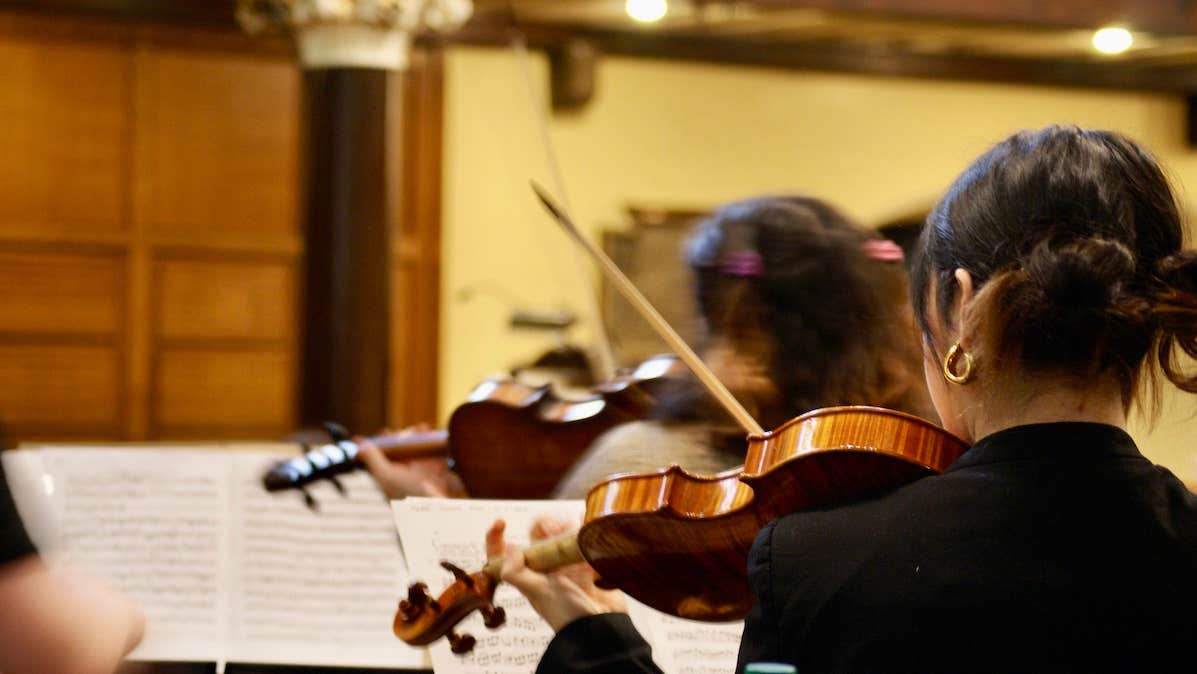 Review view of violinist playing with sheet music on stand in front and blurred other musicians.