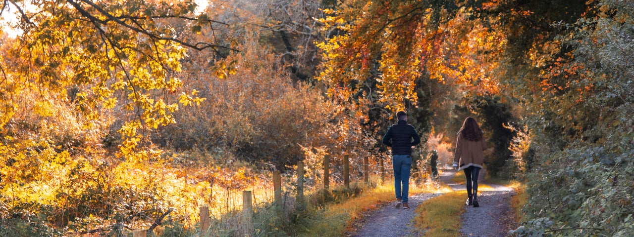 Couple walking on road with grass