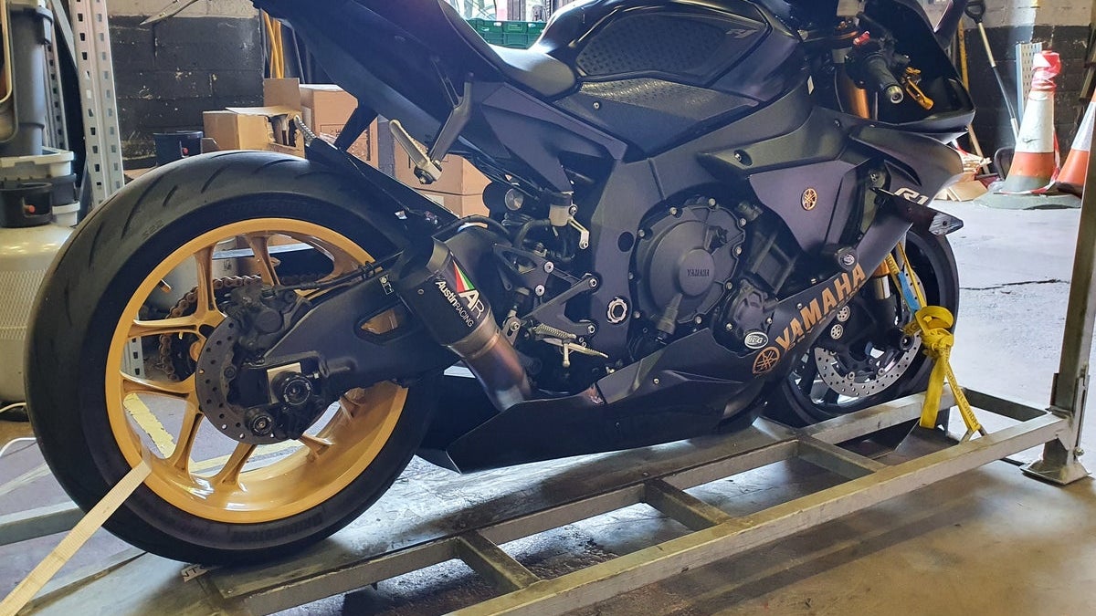 A Yamaha R1 motorcycle on the cradle arriving from Italy at Bike on Board