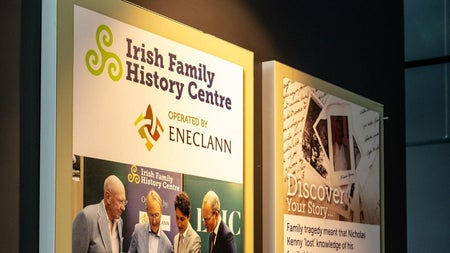 Two storyboards side by side with information and images of people researching family history