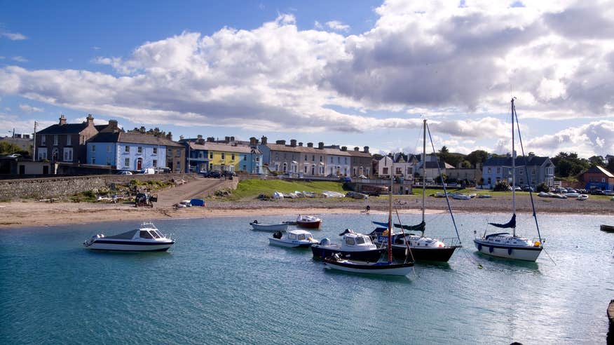 Boats on still waters at Greystones Harbour with a backdrop of colourful houses