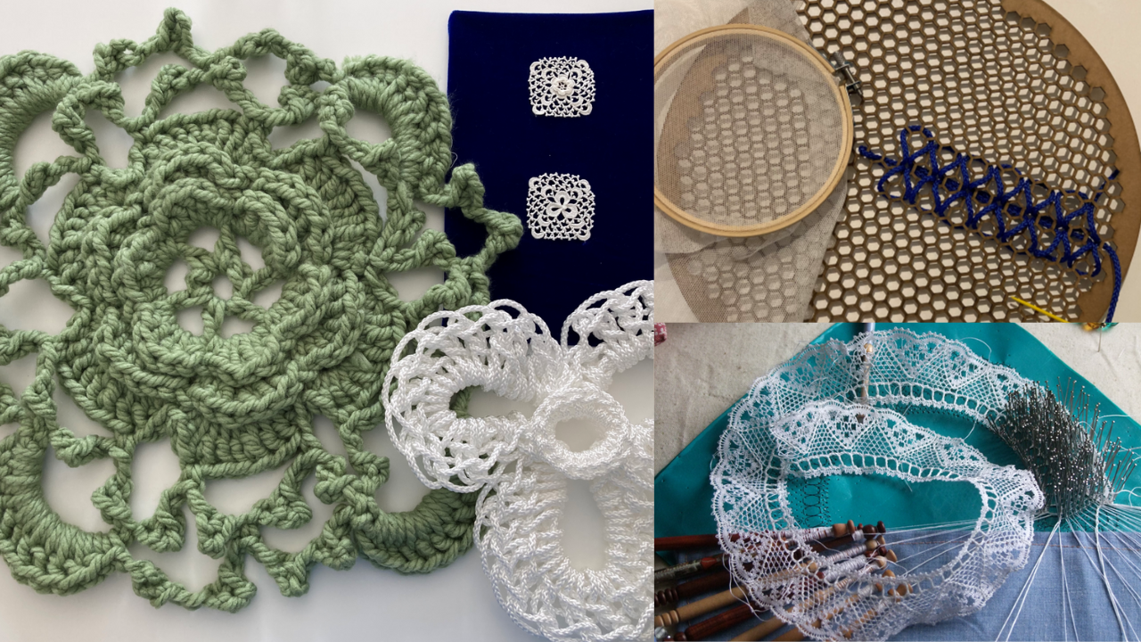 Various images of crocheted and lace samples.