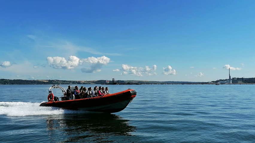 People enjoying a trip on the sea in a powered dinghy with Cork Sea Safaris