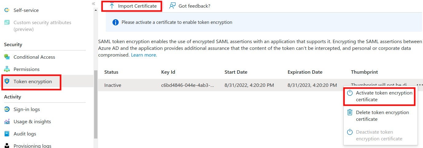 Import the public key certificate (.cer) file in Azure AD and activate token encryption for your SonarQube SAML authentication.