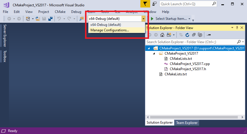 Visual Studio will create a CMakeSettings.json file if you do not already have one. Visual Studio will create a CMakeSettings.json file if you do not already have one.