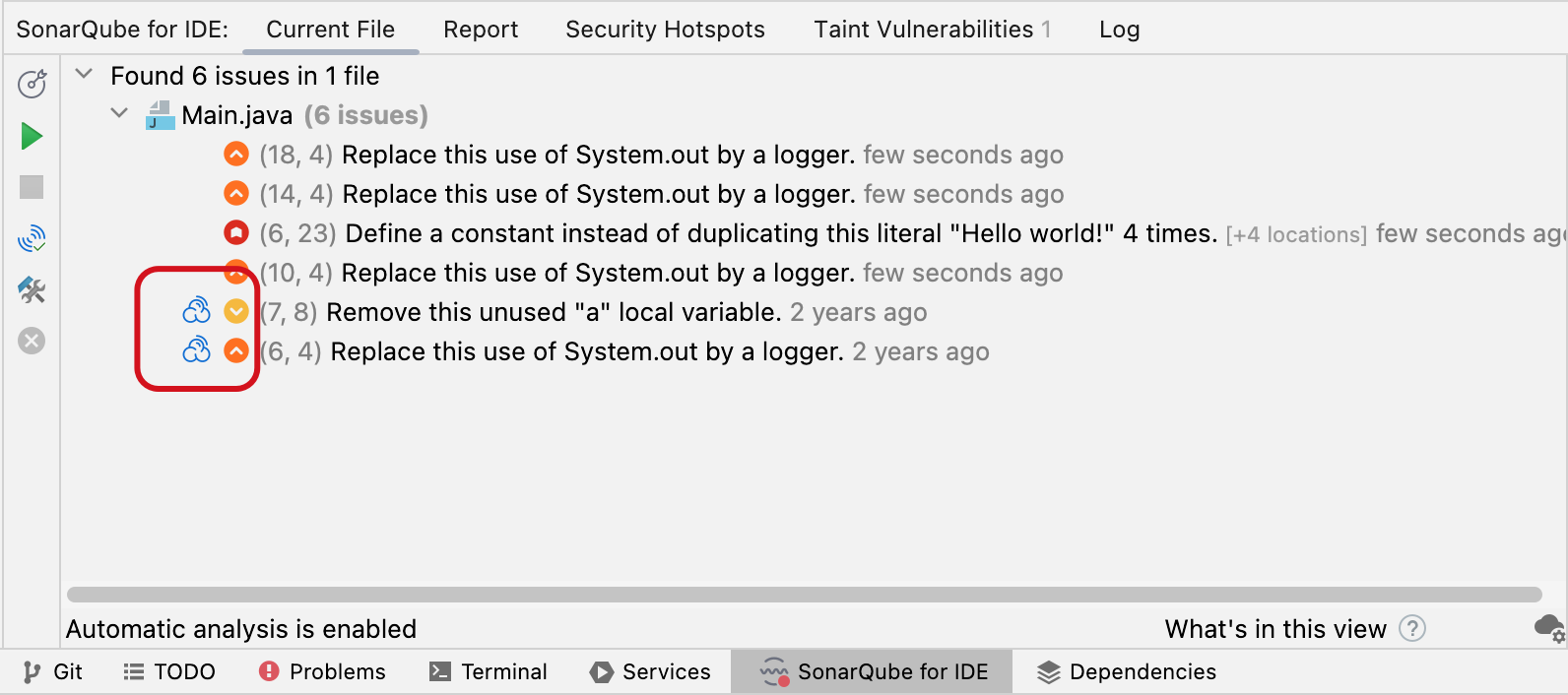 A SonarQube Server or Cloud icon will appear if an issue is also found by the server. A SonarQube Server or Cloud icon will appear if an issue is also found by the server.