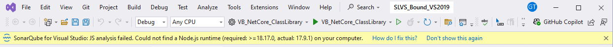 Your JS/TS analysis will fail if SonarQube for Visual Studio cannot find a supported version of Node.js on your computer. Your JS/TS analysis will fail if SonarQube for Visual Studio cannot find a supported version of Node.js on your computer.