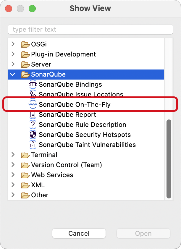 To open a Sonarube view that isn't showing, go to Windows > Show View > Other > SonarQube and choose your views. Here, we are opening the On-The-Fly view to see issues found in the open file. To open a Sonarube view that isn't showing, go to Windows > Show View > Other > SonarQube and choose your views. Here, we are opening the On-The-Fly view to see issues found in the open file.