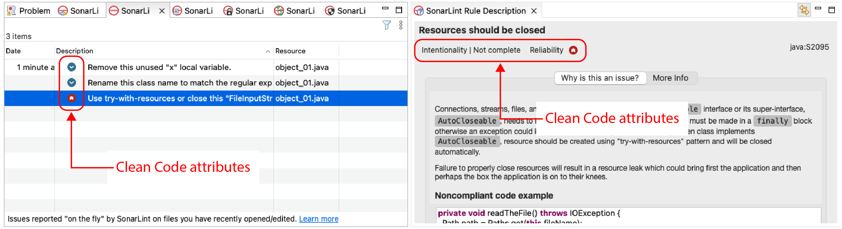 SonarLint for Eclipse 8.0 showing Clean Code attributes. Your actual view may be different because when running in connected mode with SonarQube Server, the server's mode is respected.