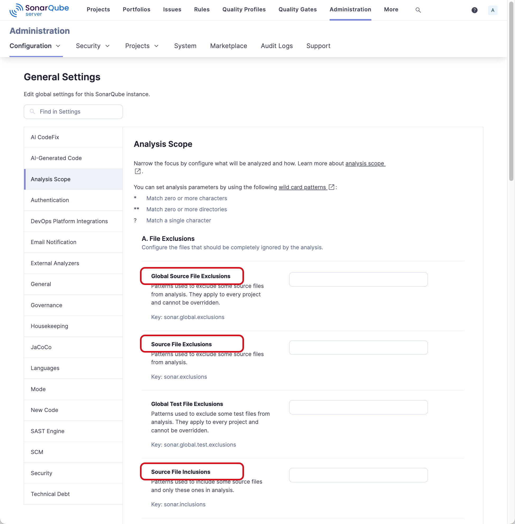 File exclusions, if you have any, must be defined on the SonarQube Server or Cloud server. File exclusions, if you have any, must be defined on the SonarQube Server or Cloud server.