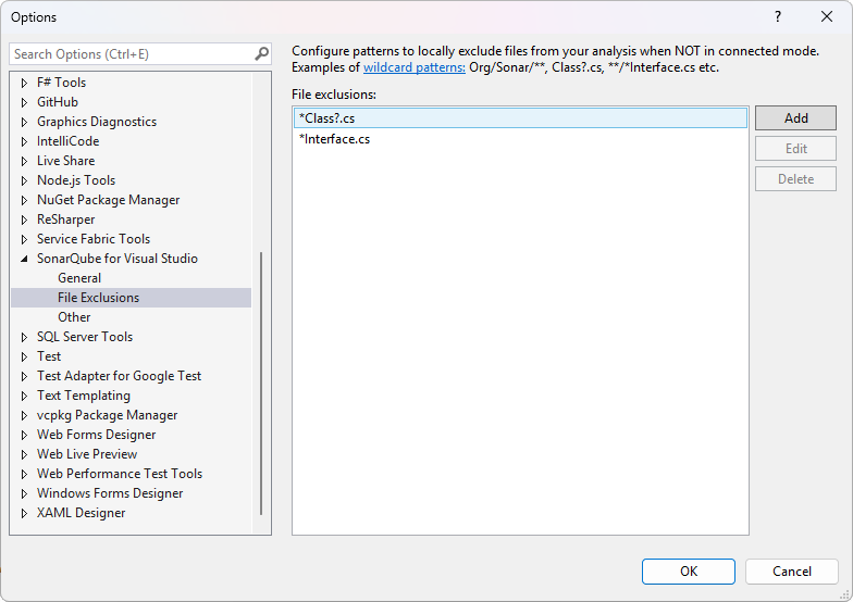 Add wildcard patterns to SonarQube for Visual Studio to exclude files from a local analysis. Locally defined file exclusions are ignored when in connected mode. Add wildcard patterns to SonarQube for Visual Studio to exclude files from a local analysis. Locally defined file exclusions are ignored when in connected mode.