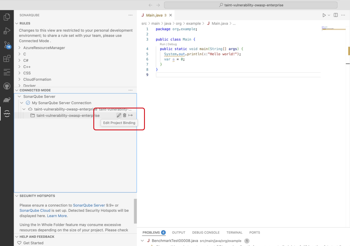 Select the pencil to edit your SonarQube Server or SonarQube Cloud binding. Select the pencil to edit your SonarQube Server or SonarQube Cloud binding.