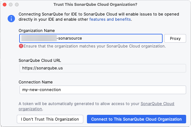 When setting up connected mode, there's a final step to confirm that you trust the new organization.
