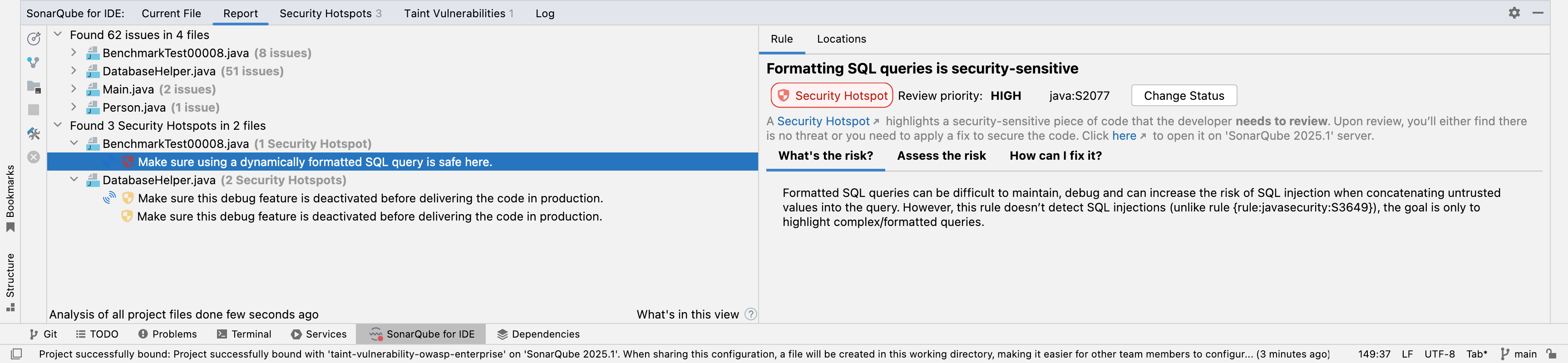 Security hotspots are separated from regular issues in the SonarQube for IDE: Report tab. Security hotspots are separated from regular issues in the SonarQube for IDE: Report tab.