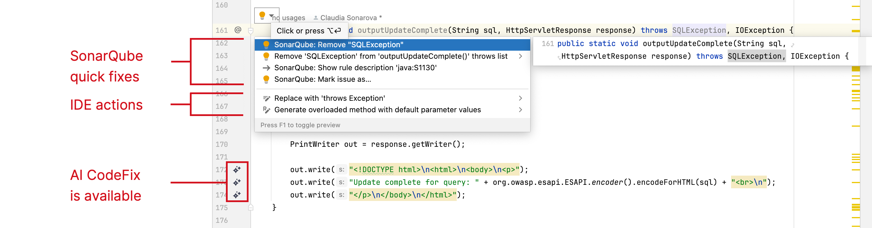 SonarQube's quick fix actions are highlighted as something different than an IDE action. When a Sonar AI CodeFix is available, the star-icon appears. SonarQube's quick fix actions are highlighted as something different than an IDE action. When a Sonar AI CodeFix is available, the star-icon appears.