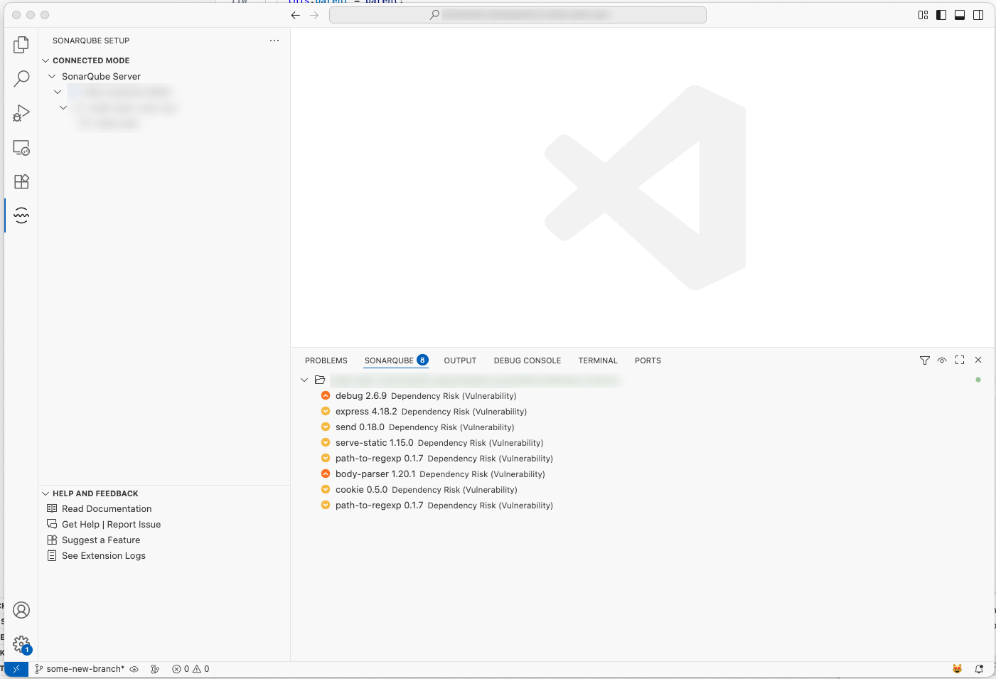List of dependency risks under the SONARQUBE panel in VS Code. List of dependency risks under the SONARQUBE panel in VS Code.