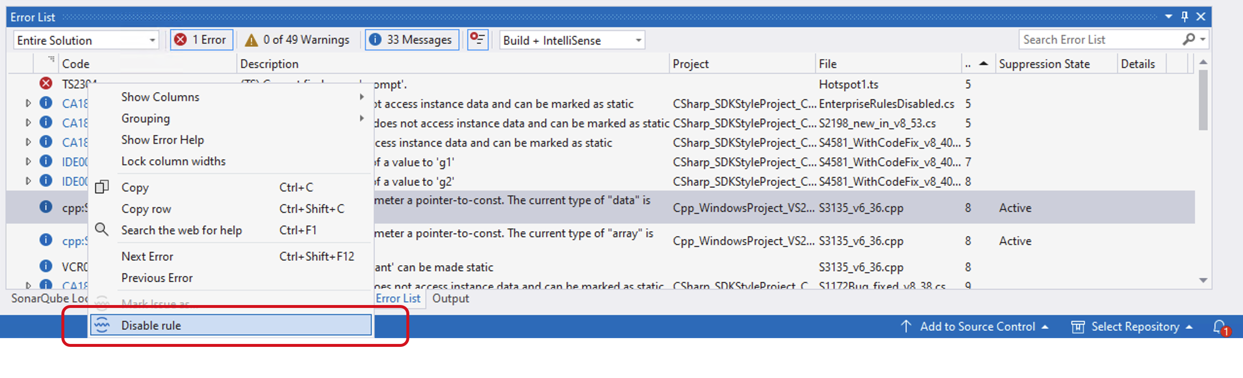 SonarQube rules can be disabled directly in the IDE. Disabled rule are only respected when not running in connected mode with SonarQube (Server, Cloud) or SonarQube Community Build. SonarQube rules can be disabled directly in the IDE. Disabled rule are only respected when not running in connected mode with SonarQube (Server, Cloud) or SonarQube Community Build.