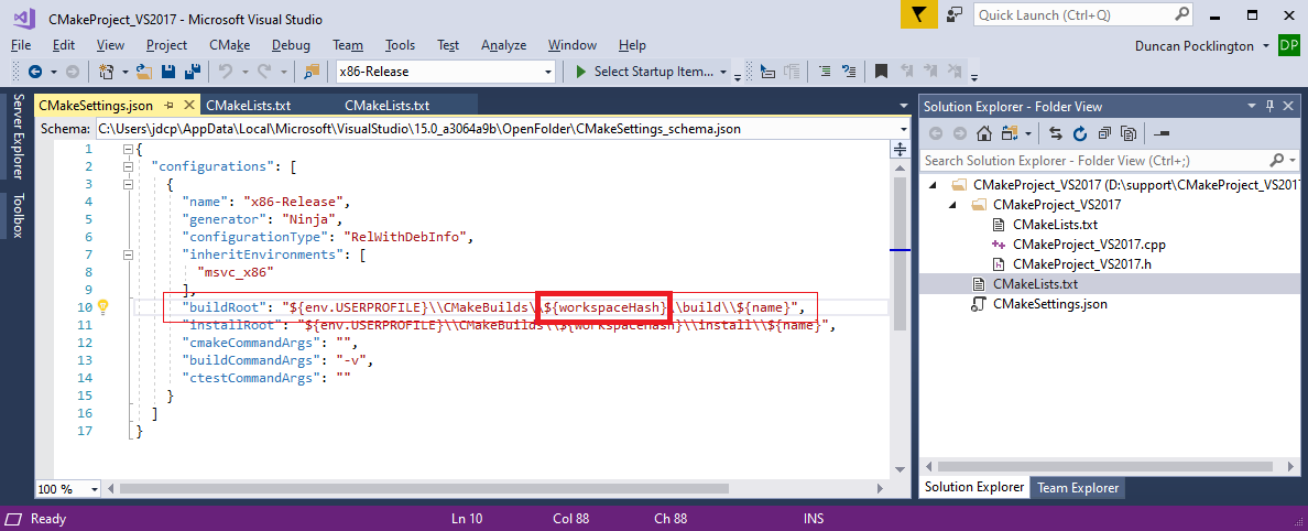 Your new CMakeSetting.json file looks like this. Your new CMakeSetting.json file looks like this.