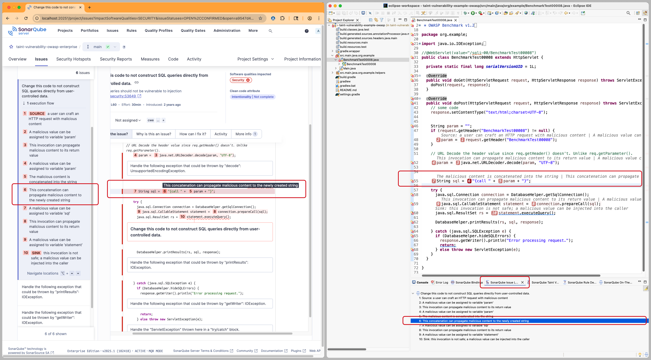 The SonarQube Issue Locations view points out more information about your taint vulnerability. The issue and it's location matches up with what you see in SonarQube Server.