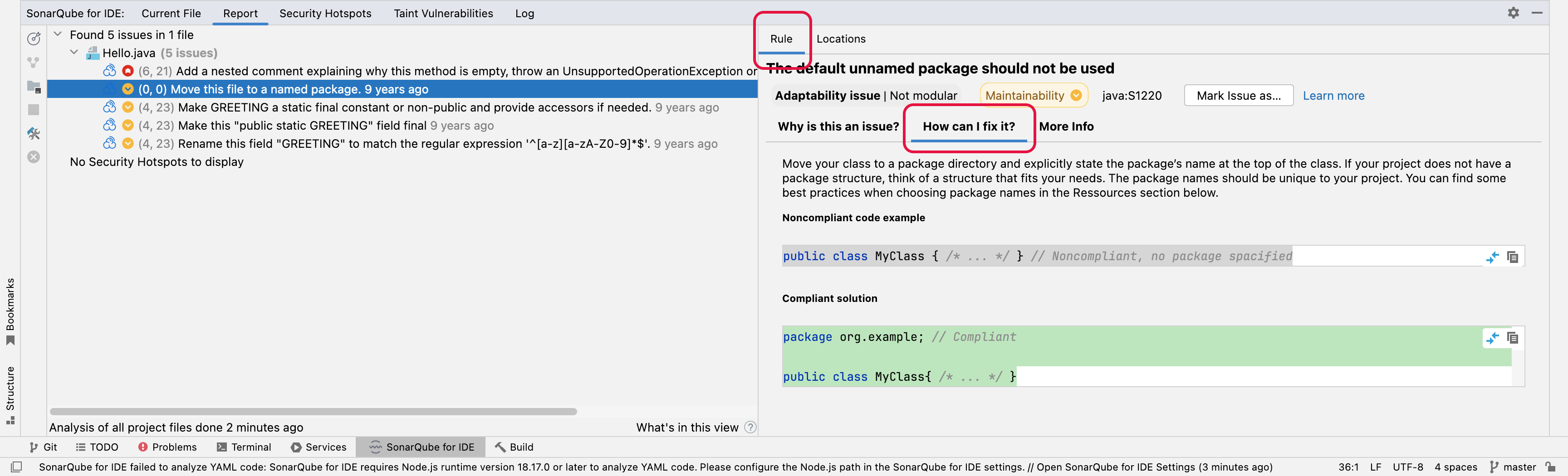 The SonarQube rule description will give you compliant rule sample, show here in green, when available. The SonarQube rule description will give you compliant rule sample, show here in green, when available.