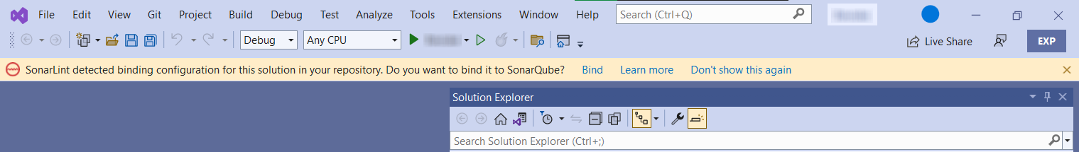 Use the SonarLint for Visual Studio configuration gold bar to help streamline the binding process. Use the SonarLint for Visual Studio configuration gold bar to help streamline the binding process.